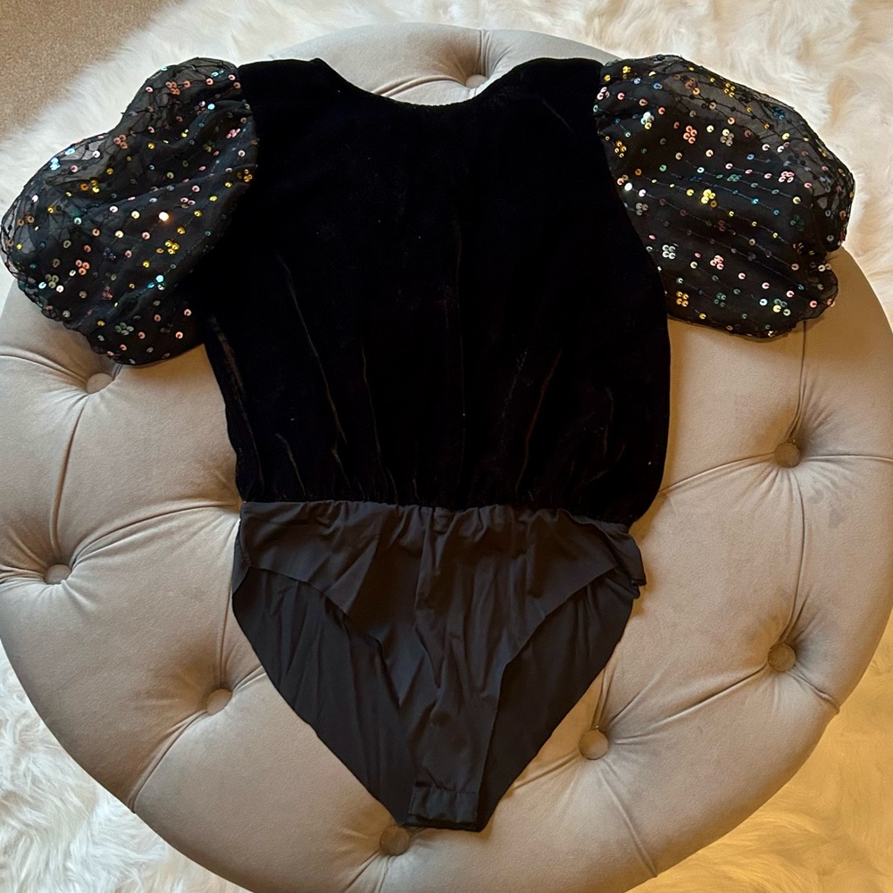 Zara Black Velvet Kids Bodysuit with Sequin Sleeves